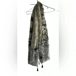 Blue And White Scarf W/tassels, Butterfly, Birds, Soft, Lightweight